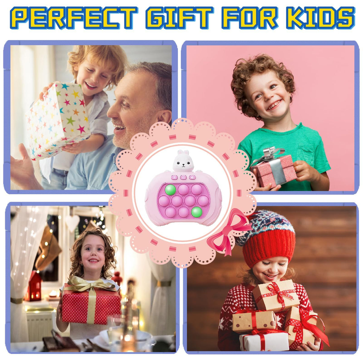 Pink rabbit bubble pop game handheld toy for kids and adults, part of activity toys by Everything Baby, featuring fast push fidget fun