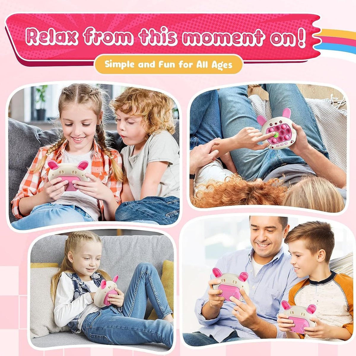 Pink rabbit Bubble Push Game handheld fidget toy for kids and adults, fun pop it activity toy from Everything Baby.