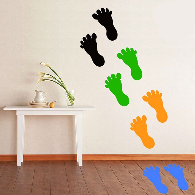 Set of 9 waterproof colorful foot stickers for kids, featuring cartoon footprints for playful building and craft activities.