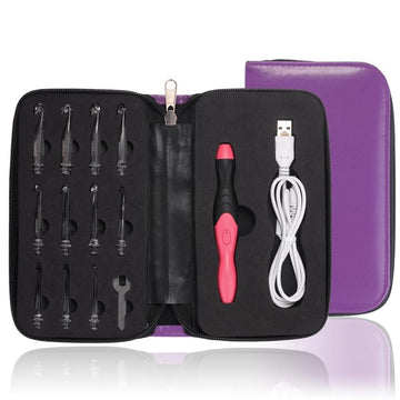 Lighted crochet hook set with 11 interchangeable heads, USB rechargeable LED light, stored in a compact bag for baby and kids crafts.