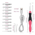 Lighted crochet hook set with 11 interchangeable sizes, rechargeable LED light, and storage bag for baby and kids crochet projects.