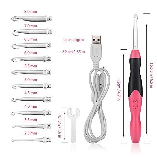 Lighted crochet hook set with 11 interchangeable sizes, rechargeable LED light, and storage bag for baby and kids crochet projects.