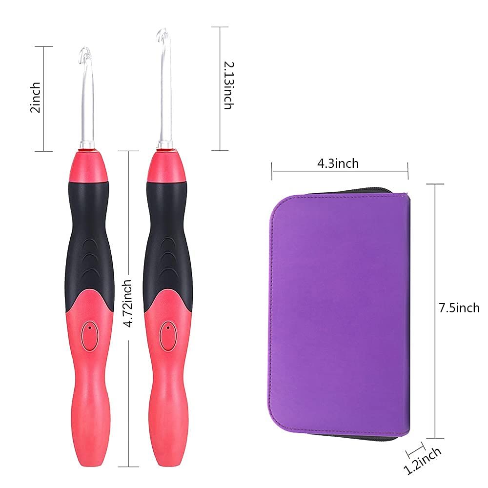 Lighted crochet hook set with 11 interchangeable heads, rechargeable LED light, in a carrying bag, for knitting and crochet projects.