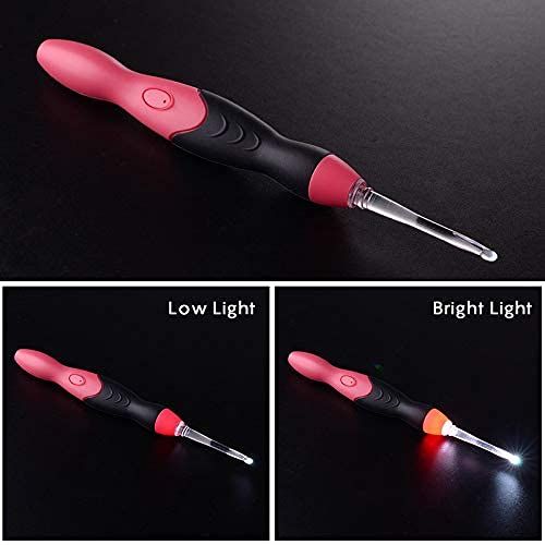 Lighted crochet hook set with 11 interchangeable sizes and LED light, stored in a compact bag, designed for baby and kids crafts.
