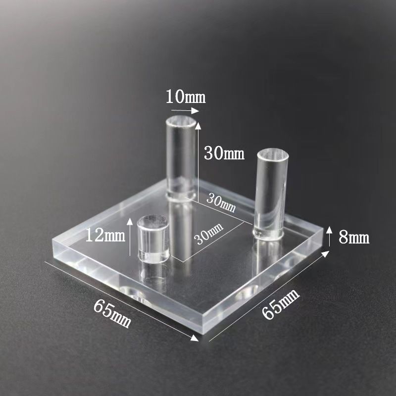 Clear acrylic display stand with three pegs, suitable for showcasing fossil coral geodes, rocks, minerals, and small collectibles.