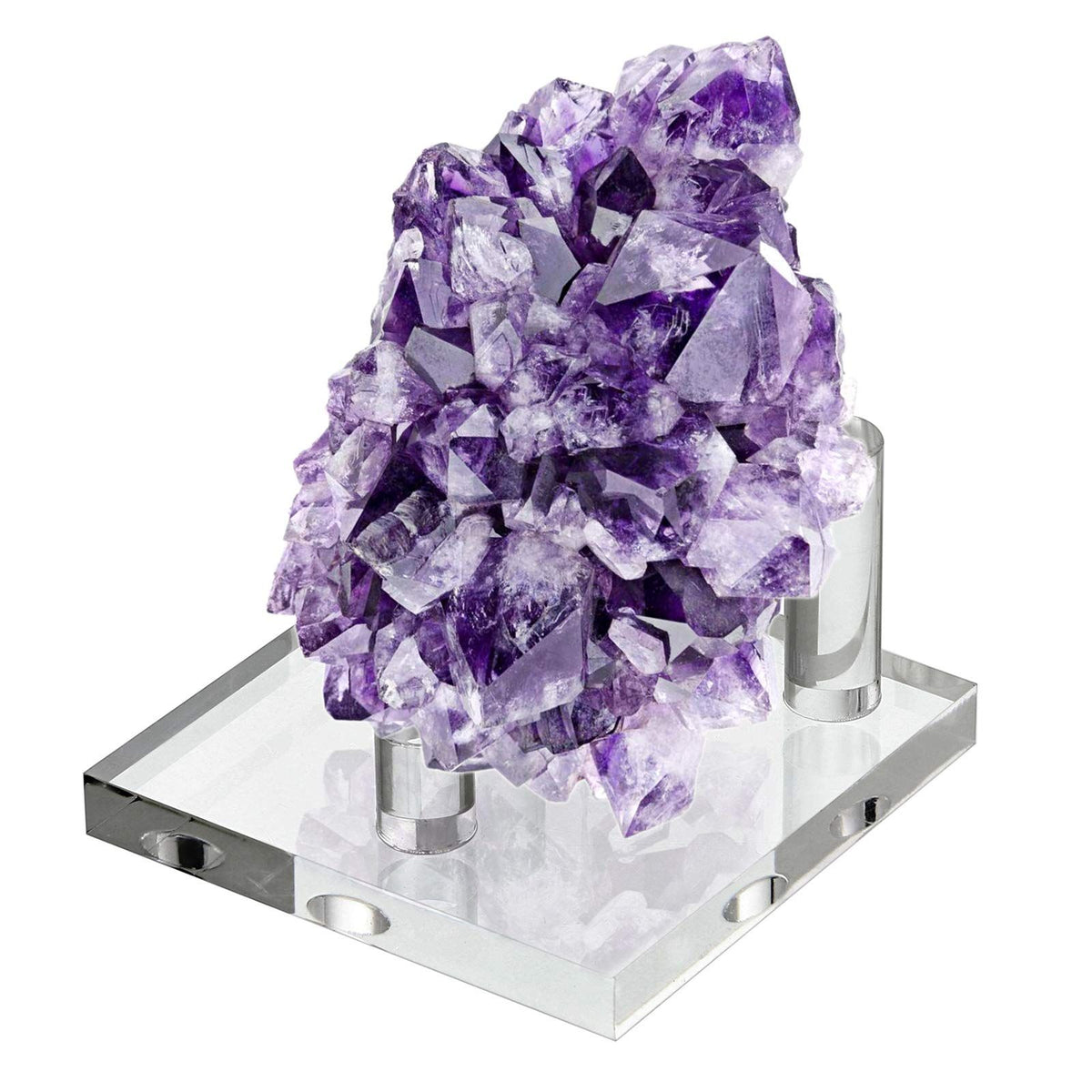 Clear acrylic display stand with three pegs for showcasing fossil coral, geodes, and small mineral collectibles.