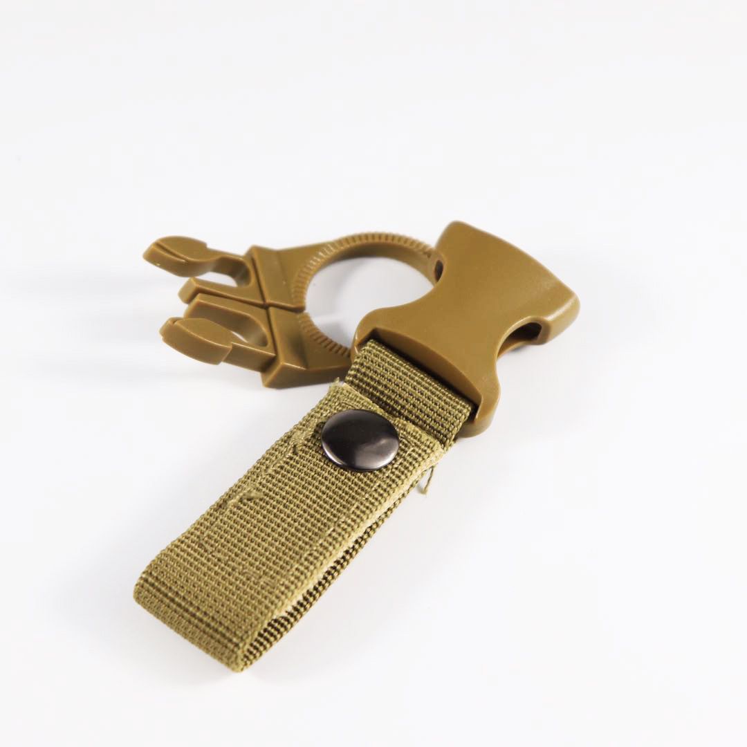 Six black, military green, and khaki hanging buckle clips for water bottle holders on kids' backpacks, by Everything Baby.