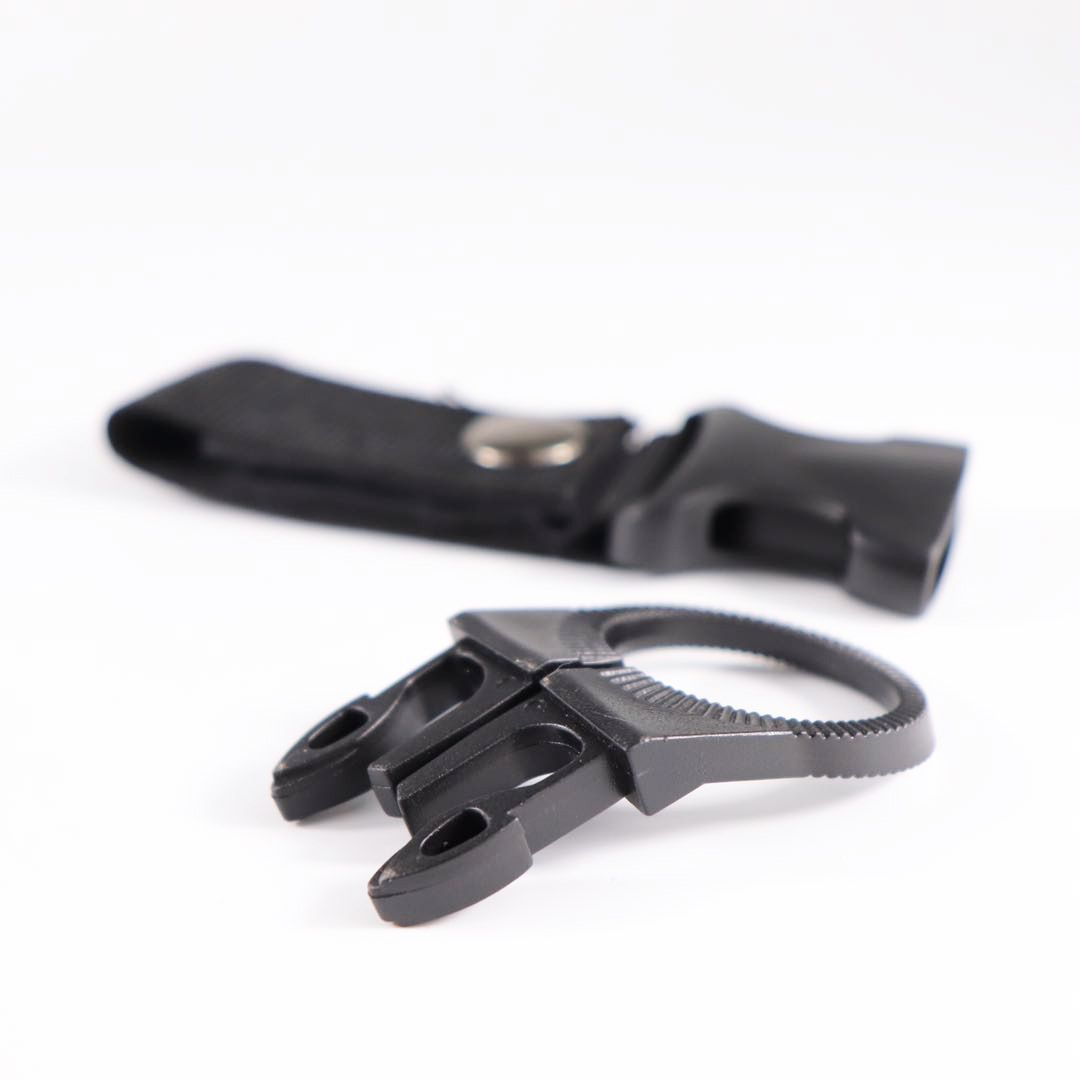 Six black, military green, and khaki hanging buckle clips for water bottle holders on kid's backpacks by Everything Baby.