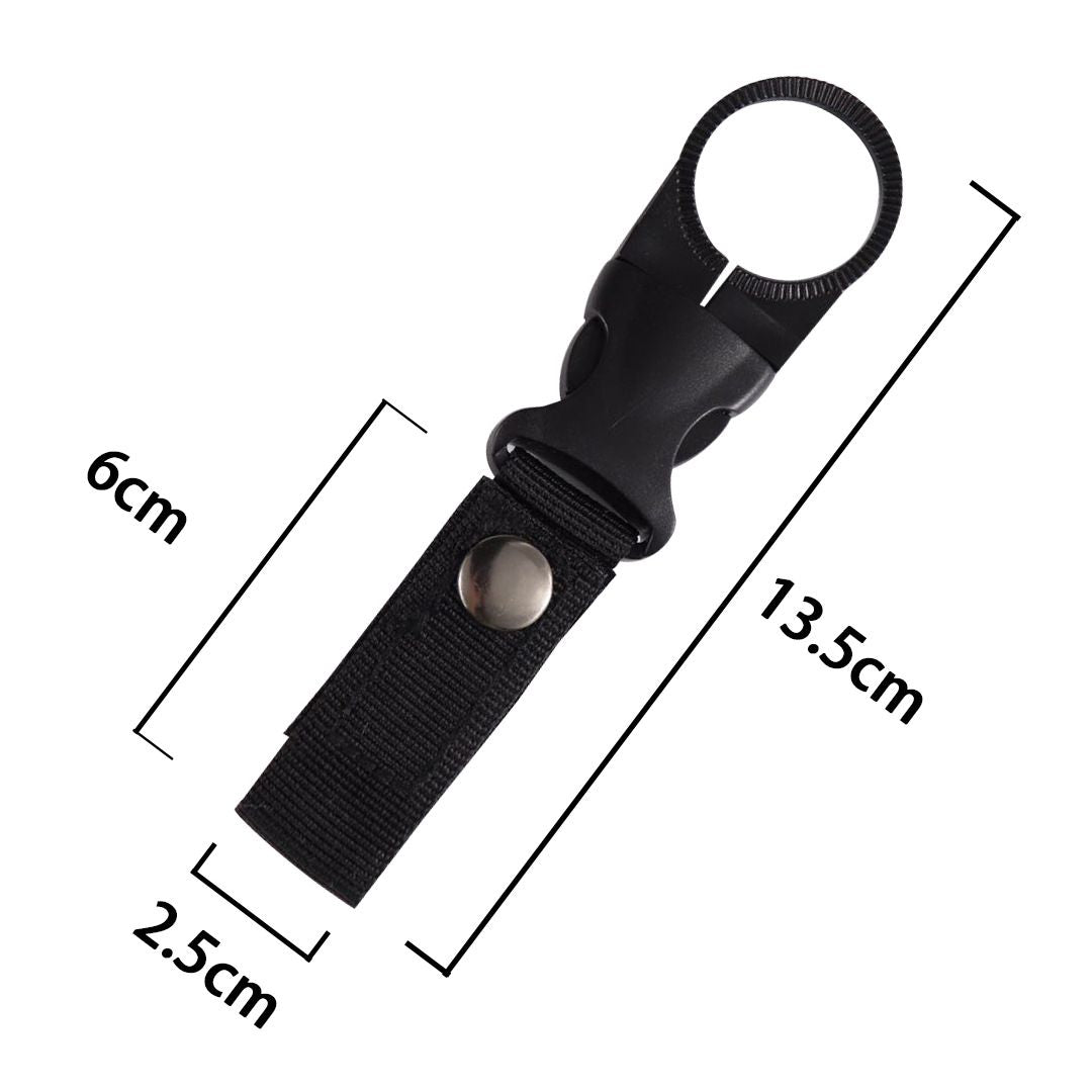 Six black, military green, and khaki hanging buckle clips for water bottle holders on kids' backpacks by Everything Baby.
