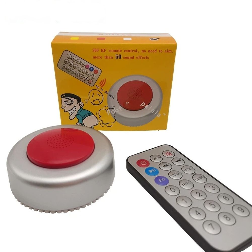 Silver and red fart machine with remote, playful fart noise maker toy for kids' pretend play and pranks.