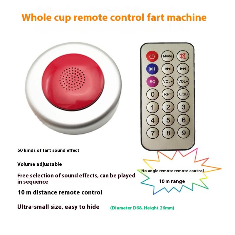 Silver and red fart machine with remote, toy prank sound maker for kids' pretend play, designed for humorous party fun.
