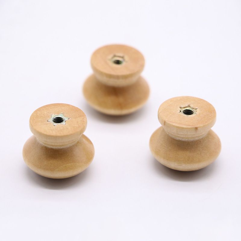 Set of 10 white natural wood dresser knobs with round mushroom shape, 24mm diameter, suitable for baby and kids' furniture.