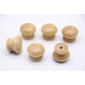 Set of 10 white natural wood dresser knobs, mushroom-style round wooden drawer pulls for cabinets and furniture.