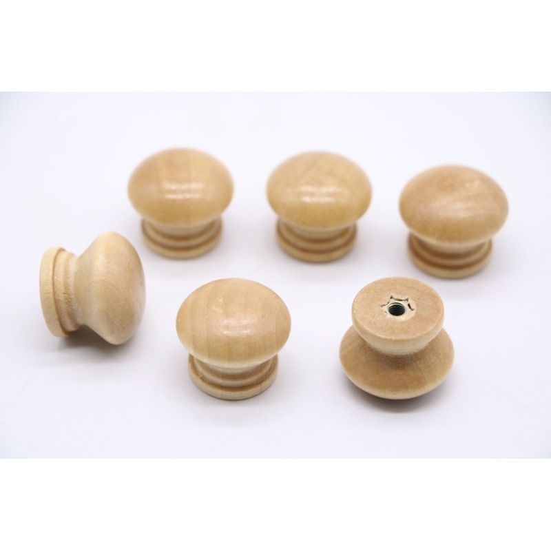 Set of 10 white natural wood dresser knobs, mushroom-style round wooden drawer pulls for cabinets and furniture.