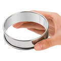 Stainless steel English muffin rings for baking, 4.5-inch double rolled nonstick mold, ideal for homemade muffins and tarts.