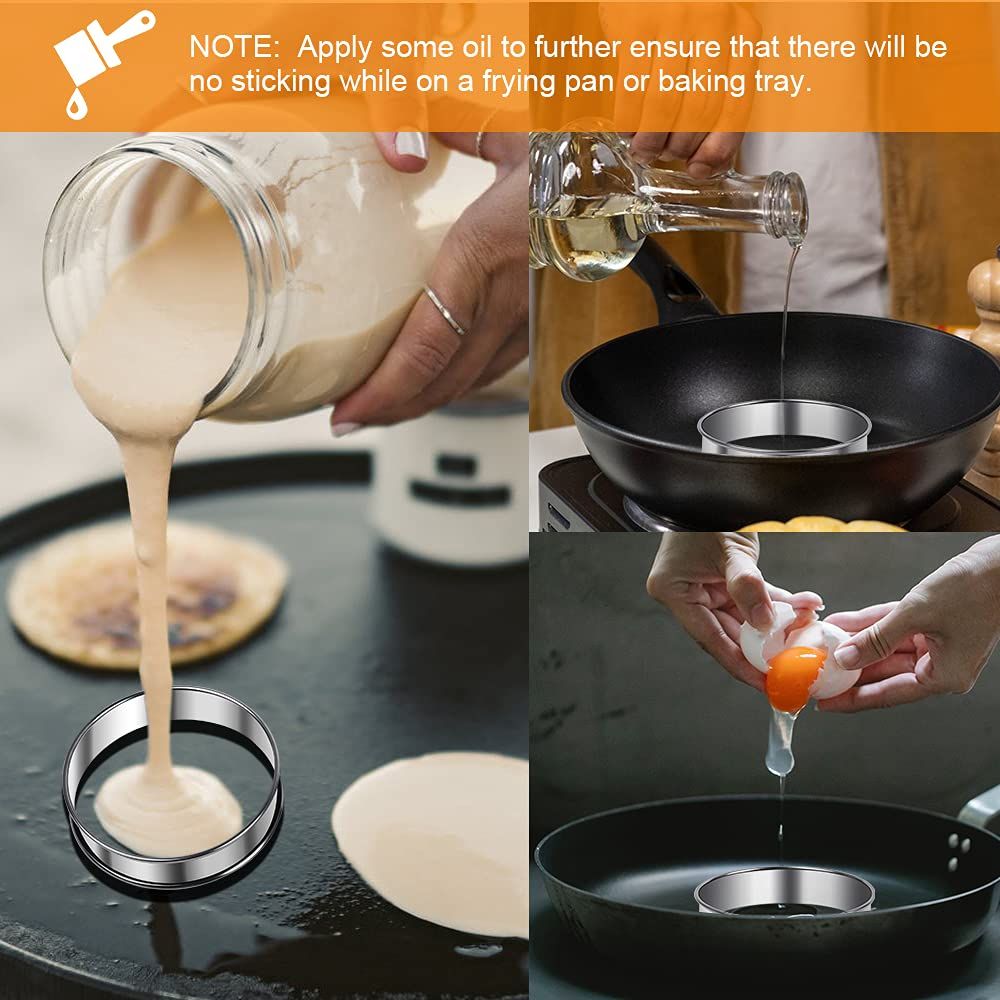 Stainless steel English muffin rings for baking, 4.5-inch double rolled nonstick crumpet and tart ring mold on a kitchen counter.