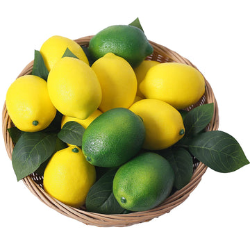 Set of 12 artificial lemons and limes for home decor, featuring realistic fake citrus for kitchen and party decoration.