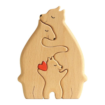 Wooden bears family art puzzle and carved animal figurines, handcrafted wooden sculpture for kids' building and imaginative play.