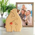Hand-carved wooden bears family art puzzle and figurines, featuring animal sculptures perfect for children's building toys.