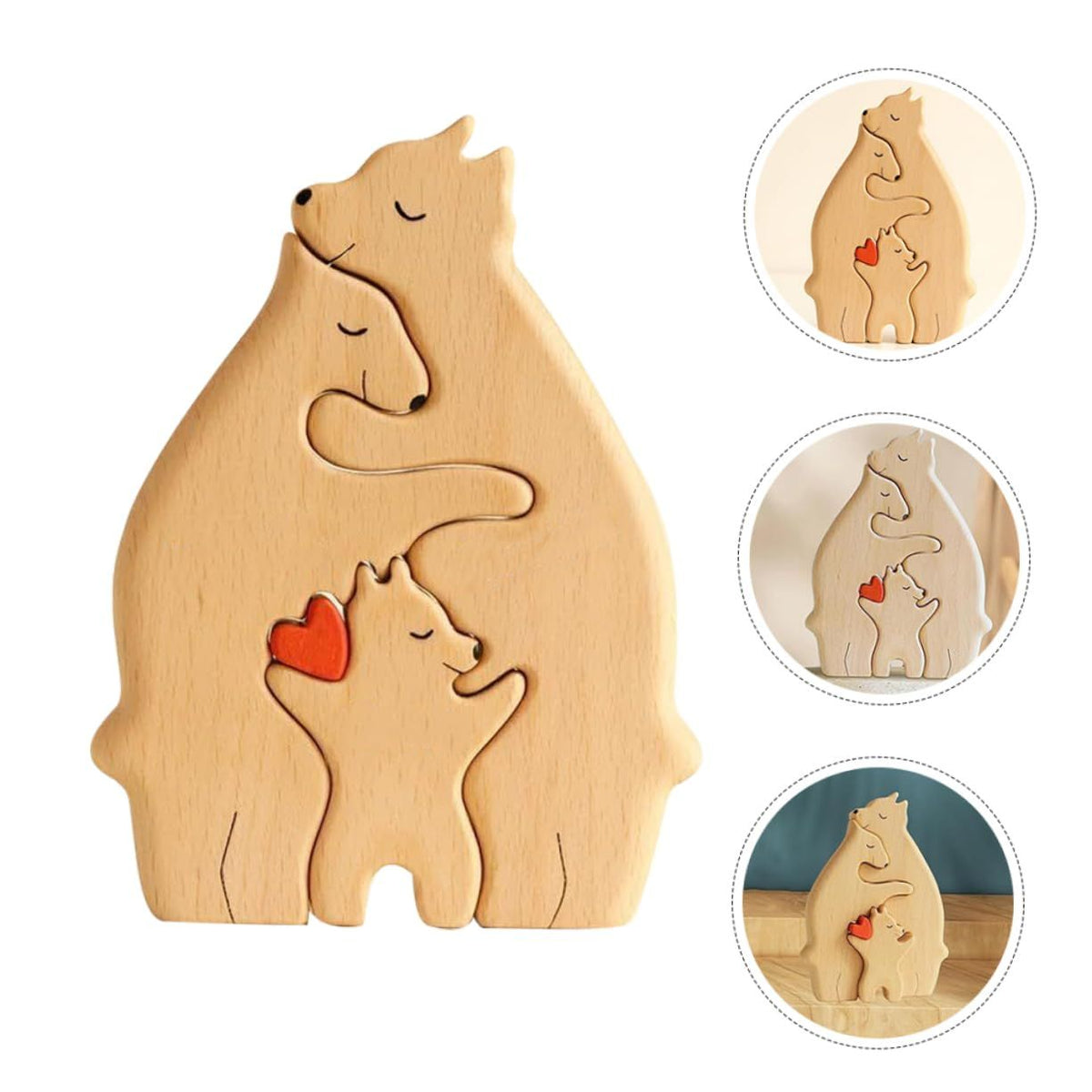Hand-carved wooden bears family art puzzle and animal figurines, perfect for kids' building and imaginative play.