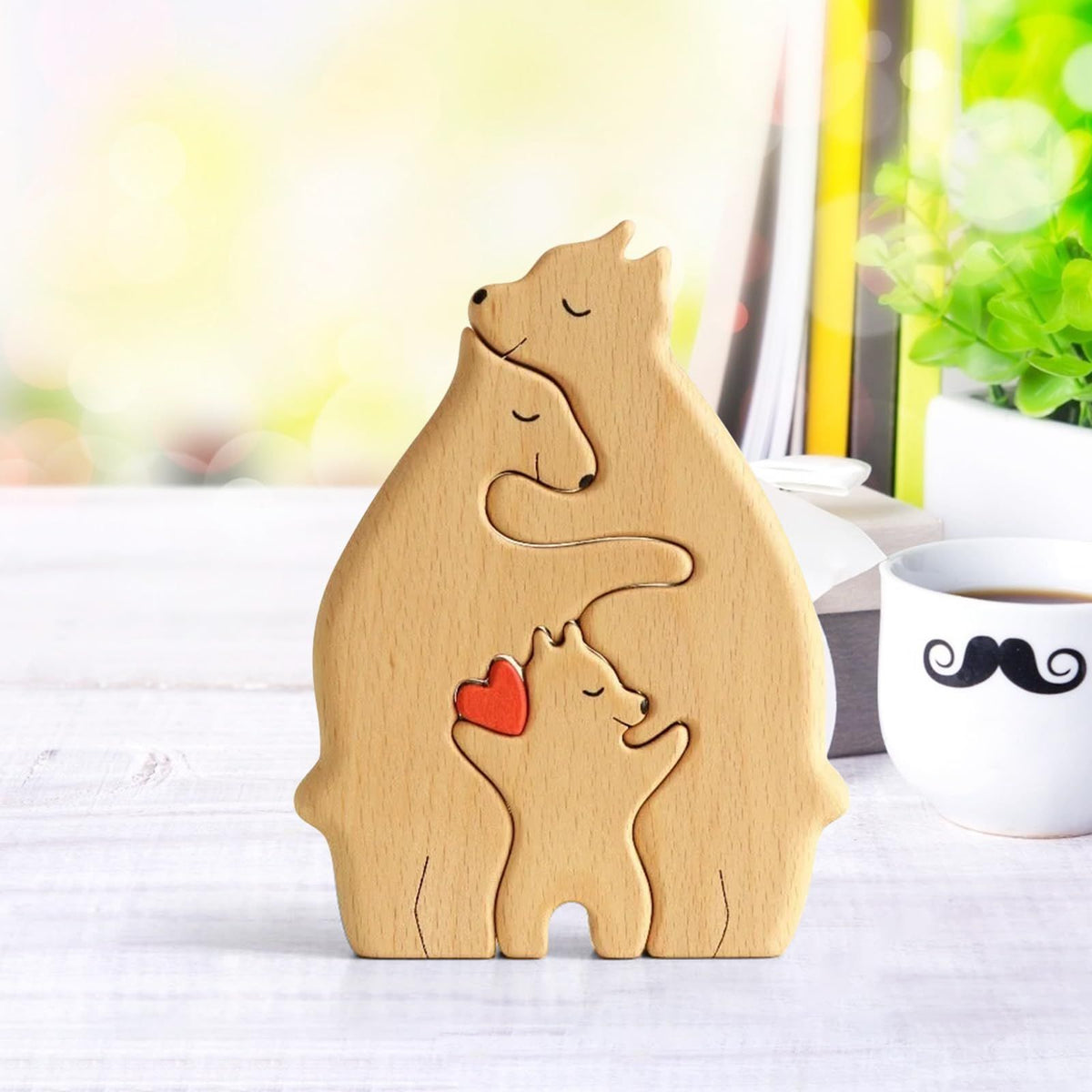 Hand-carved wooden bears family art puzzle and animal figurines, wooden sculpture set for kids' building and imaginative play.