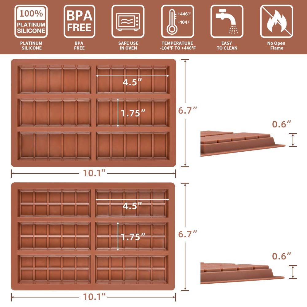 Silicone chocolate bar molds with break-apart design, food-grade material, suitable for making protein and energy bars.
