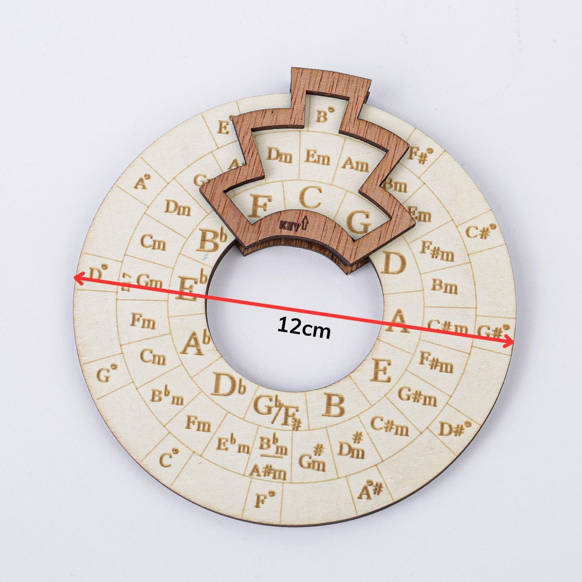Wooden Circle of Fifths musical toy wheel for kids, 12cm diameter, educational melody and chord tool for young musicians.