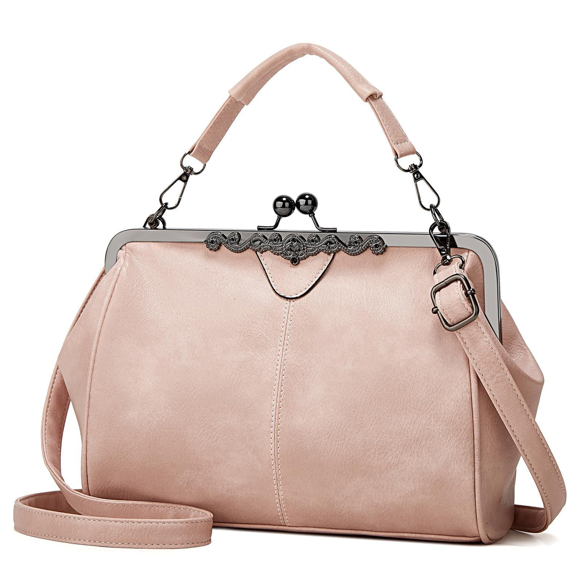 Women’s vintage retro oil wax PU leather handbag with kiss lock closure, crossbody strap, and classic tote design.
