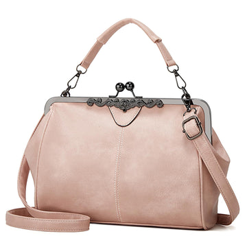 Women’s vintage retro oil wax PU leather handbag with kiss lock closure, crossbody strap, and classic tote design.