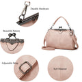 Women vintage retro hollow oil wax PU leather handbag with kiss lock closure, crossbody strap, and classic tote design.