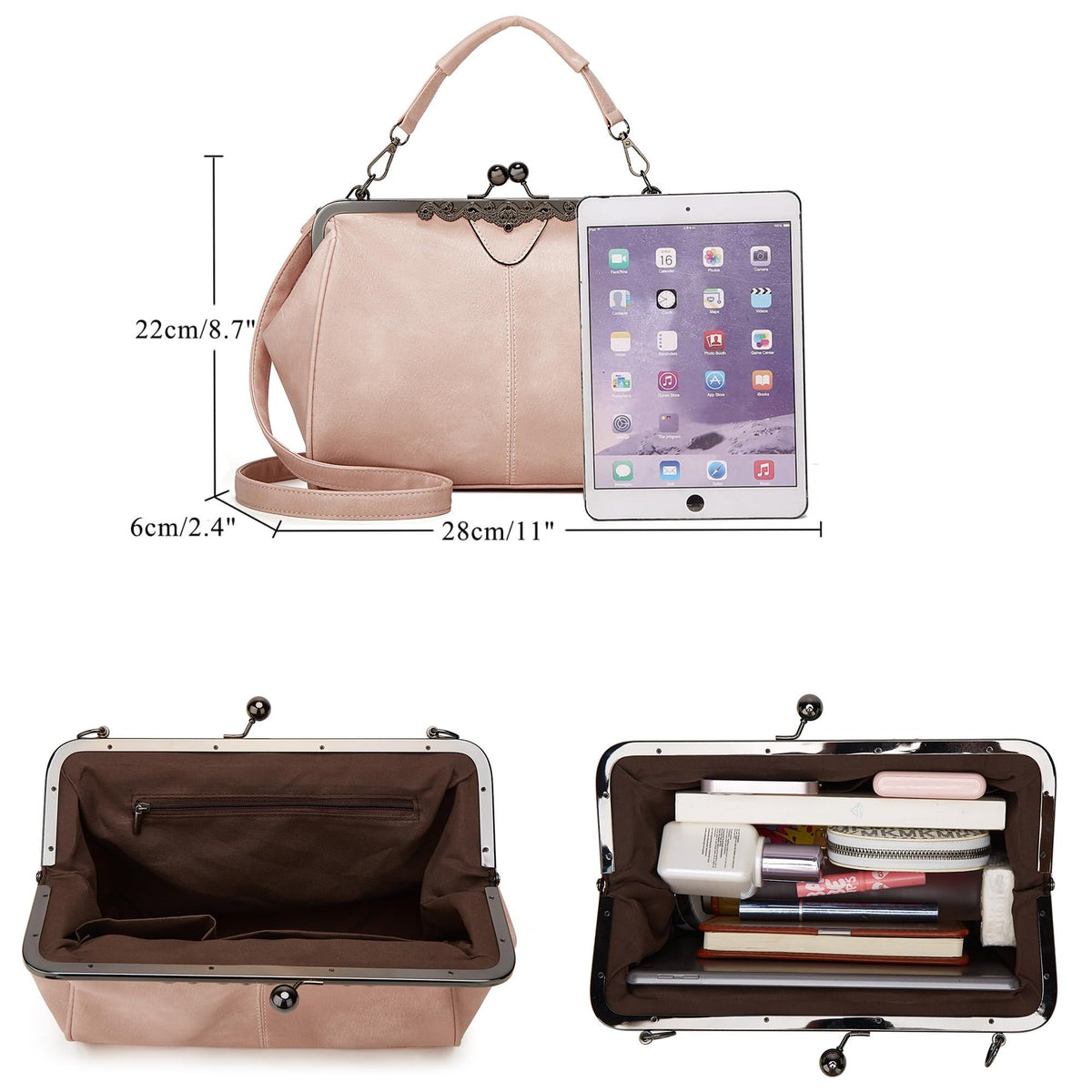 Women’s retro hollow oil wax PU leather handbag with kiss lock closure, vintage crossbody purse, and tote style.