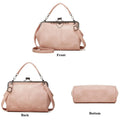 Women retro hollow oil wax PU leather handbag featuring kiss lock closure, crossbody strap, vintage messenger style, and tote design.