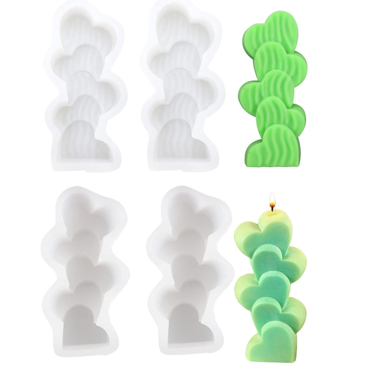 White silicone mold with four stacking heart-shaped cavities for making 3D love-themed candles, ideal for creative craft projects.
