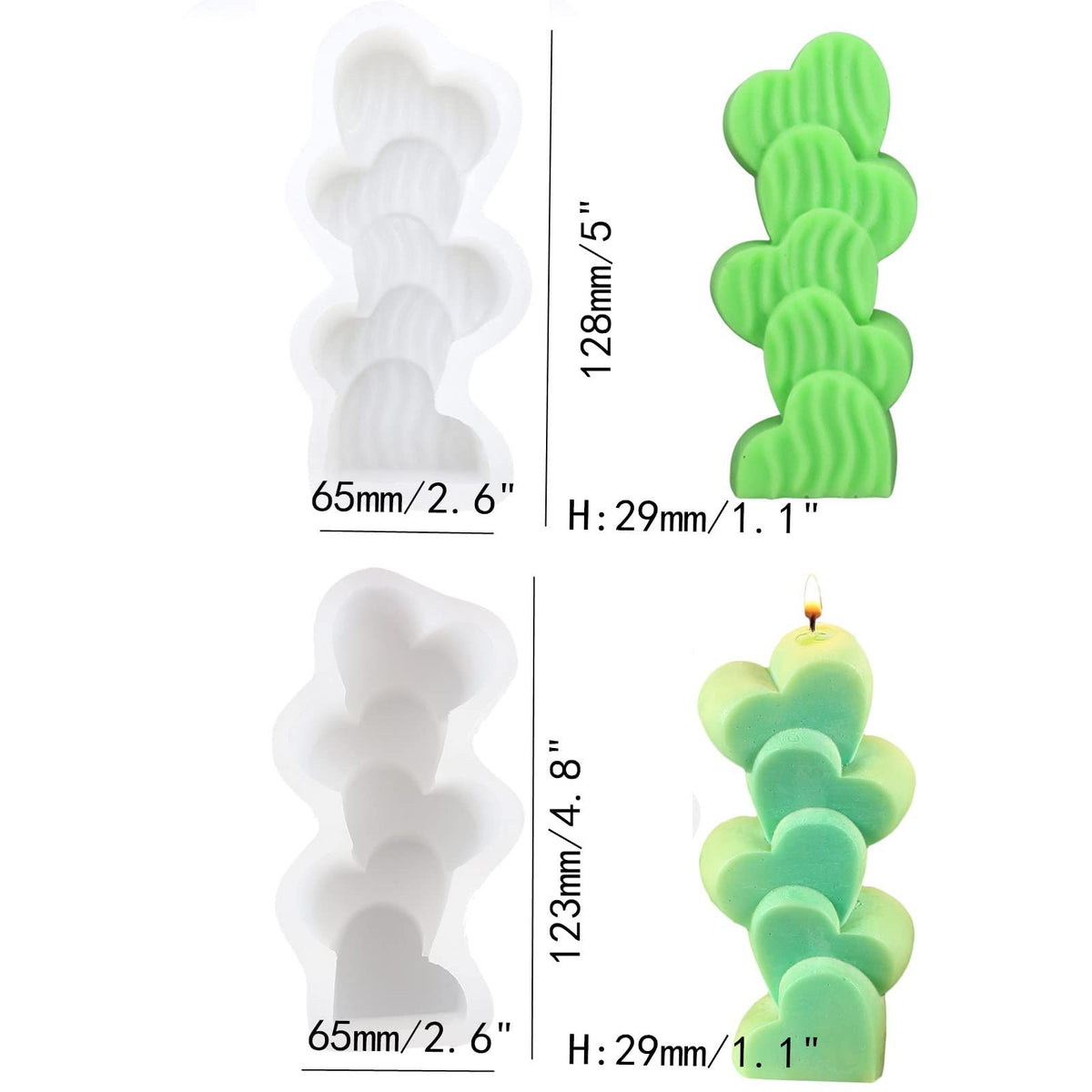 White silicone mold with four stacking heart-shaped cavities for making candles or craft projects, ideal for DIY candle crafts.