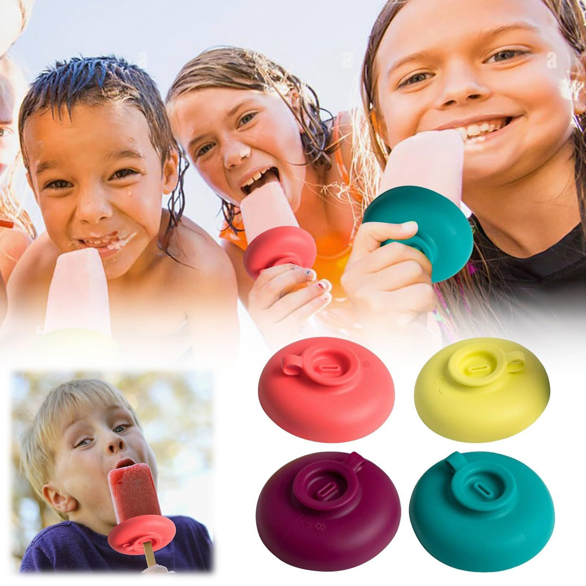 Four colorful popsicle holders for kids from Everything Baby, designed to catch drips from frozen popsicles and ice creams.