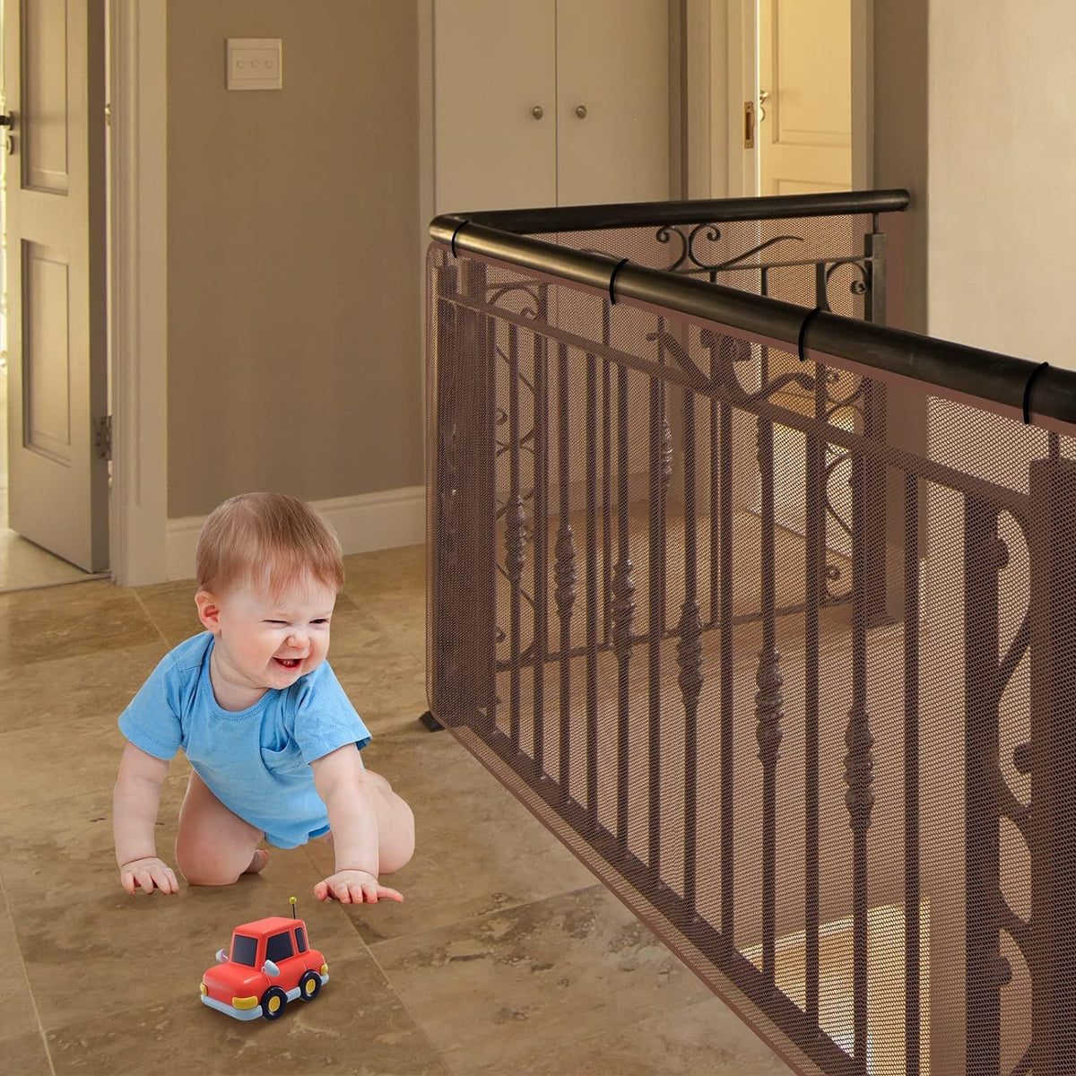 Baby safety net for indoor and outdoor use, fits stair railings and decks, provides child and pet protection, by Everything Baby.