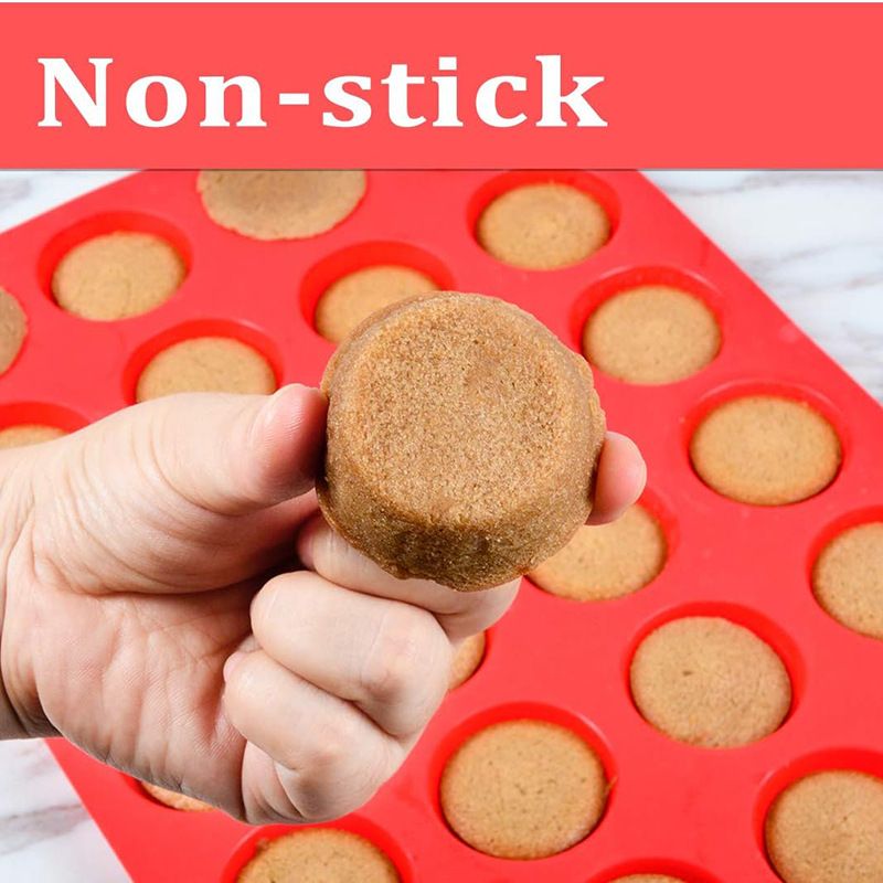 Silicone mini muffin pan with 24 cups for baking, BPA-free, nonstick, ideal for mini cupcakes and baking for kids.