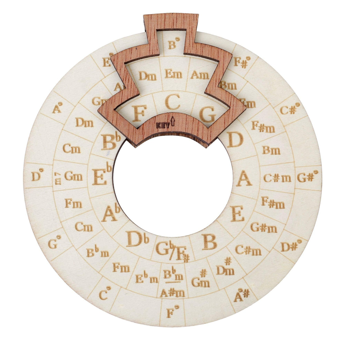 Wooden Circle of Fifths musical educational chord wheel for kids, 12cm diameter, designed for young musicians and musical learning.