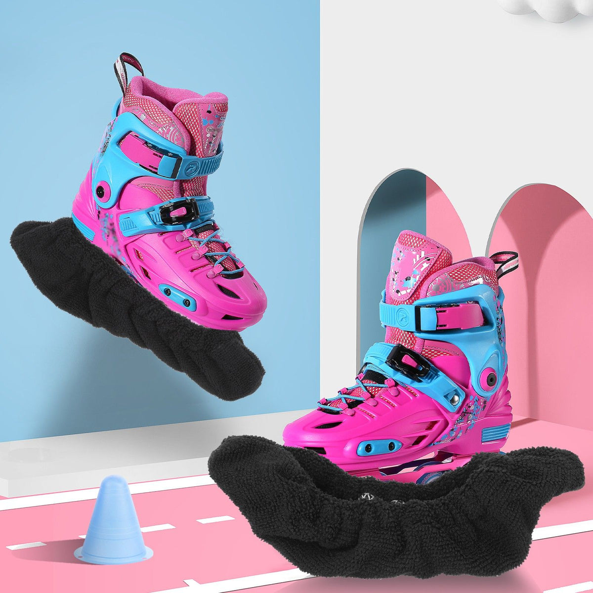 Two pairs of colorful baby boy ice skate covers, protective skating shoe soakers for ice skating boots, by Everything Baby.