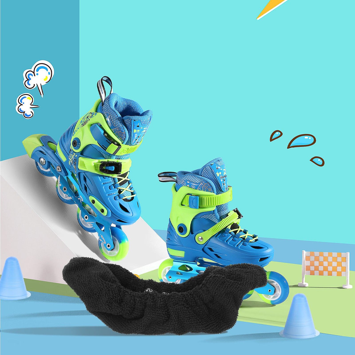 Two pairs of colorful ice skate covers for kids, protective skate boot covers for ice skating, by Everything Baby.