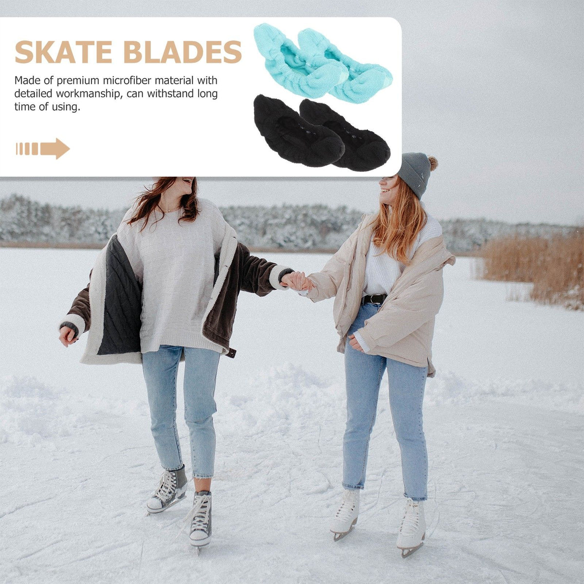 Two pairs of colorful ice skate covers for kids, made of protective material, designed to fit ice skating shoes for boys.