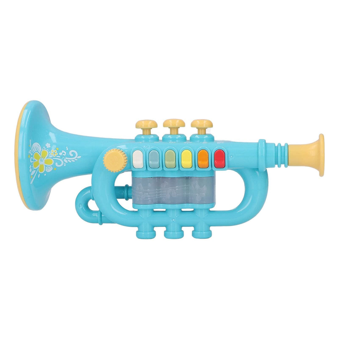 Blue kid trumpet toy from Everything Baby, a musical instrument for preschool children to enhance listening skills and musical fun.