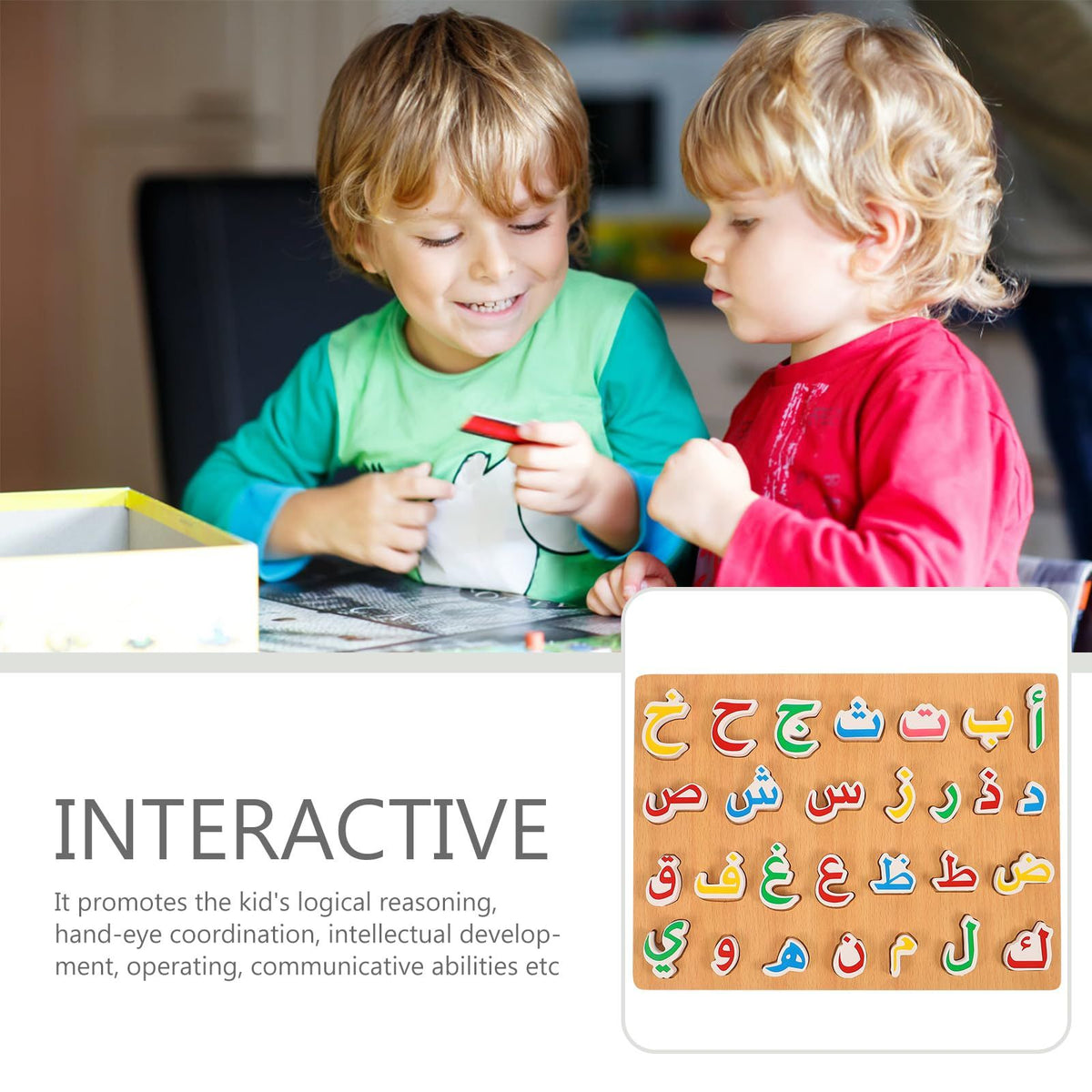Wooden Arabic alphabet puzzle for kids, preschool educational toy by Everything Baby, featuring colorful hand grip puzzle pieces for pretend play.