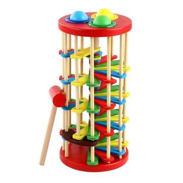 Wooden ball drop toy for kids with pounding bench, hammer, and ramp, educational Montessori-style outdoor play toy for children.