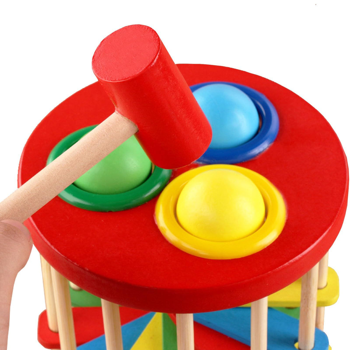 Wooden ball drop toy for kids featuring a pounding bench, hammer, and ramp, ideal for educational outdoor play and Montessori learning.