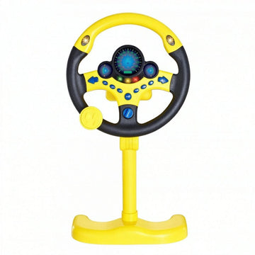 Yellow simulated steering wheel toy for kids, electric car style, designed for ride-on cars and pretend driving play.