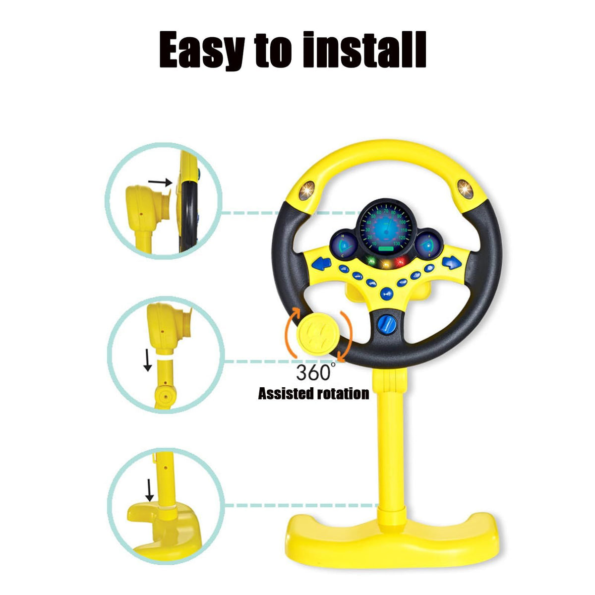Yellow simulated steering wheel toy for kids, electric ride-on car accessory by Everything Baby, ideal for pretend driving play.