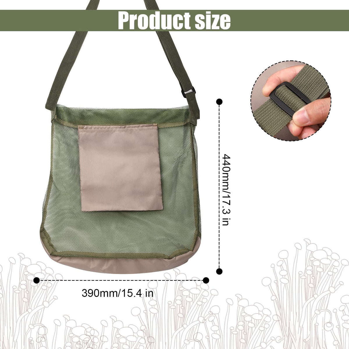 Green mushroom foraging bag from Everything Baby, designed for collecting mushrooms with a practical, cute, and lightweight style.