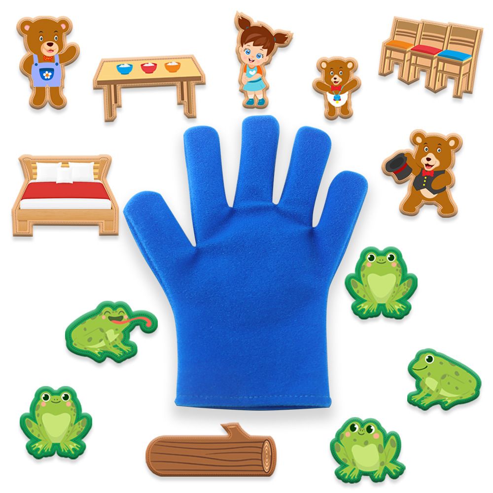 Set of hand puppets with felt details for kids and adults, ideal for storytelling and role-playing, perfect as a puppet theatre gift.