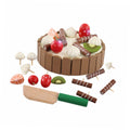 Wooden birthday cake toy for kids by Everything Baby, featuring chocolate and vanilla swirls, magnetic slices, and a cutting knife for pretend play.